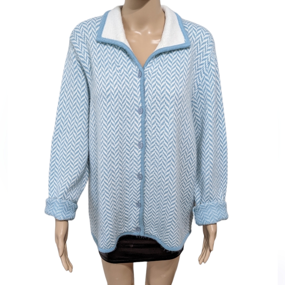 Vintage Koret Chevron Knit Cardigan Sweater Blue Collared Preppy Coastal Size L